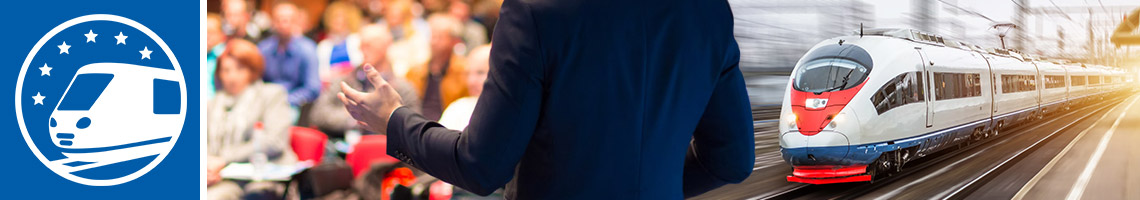 Kollage aus drei Bildern: links Logo JoinTrans, mitte Rückenansicht eines Vortragenden in dunklem Anzug vor einem voll besetzten Auditorium, rechts ein weißer Fernzug mit roter Front fährt mit hoher Geschwindigkeit durch einen Bahnhof, umgeben von moderner Architektur und Lichtspuren.